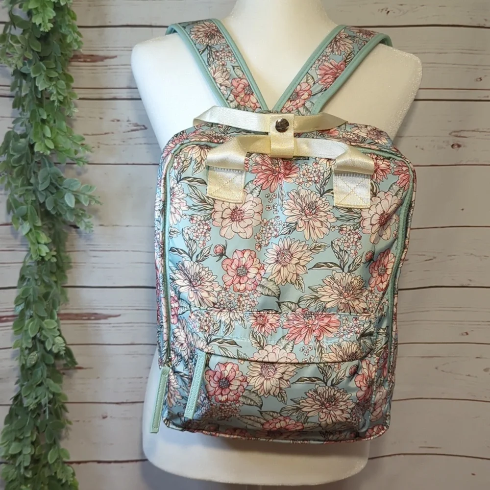 Chrysanthemum Floral Teal and Pink Women's Backpack Purse Satin Feminine Girly‎